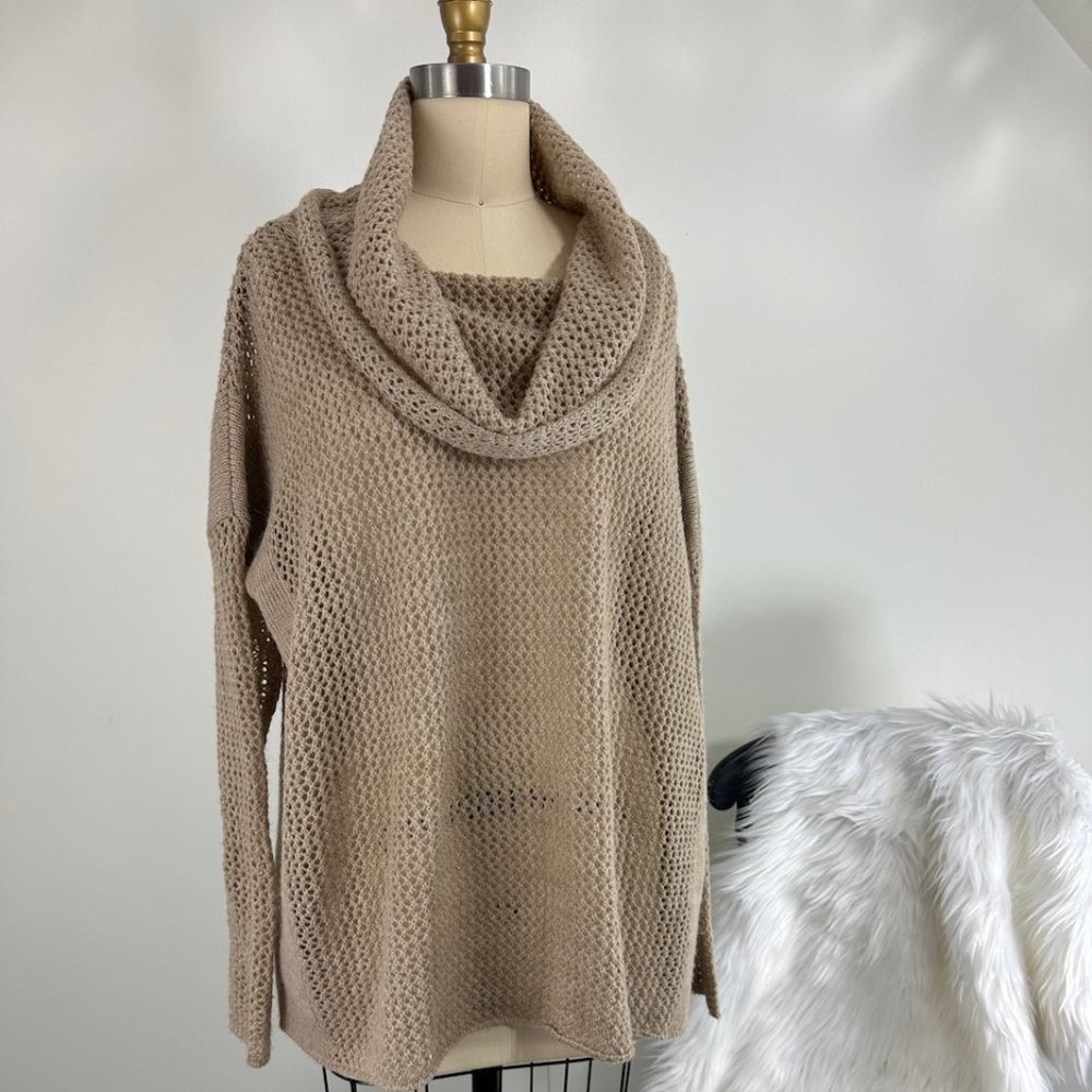 Goregous JOAN VASS Beige Cowl Collard Oversized Net Sweater